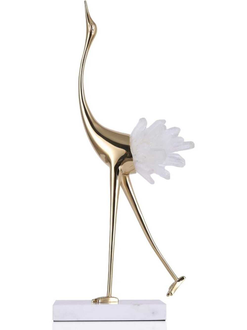 Elegant Gold Crane Bird Statue with Crystal Tail Accents | Decorative Brass
